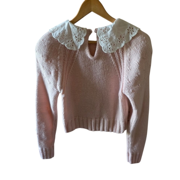 For Love and Lemons Pink Sweater with White Collar Cropped Cottagecore Size L - Picture 2 of 4